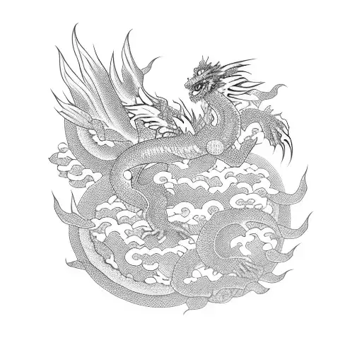 Japanese Dragon Flying With A Phoenix With Roses