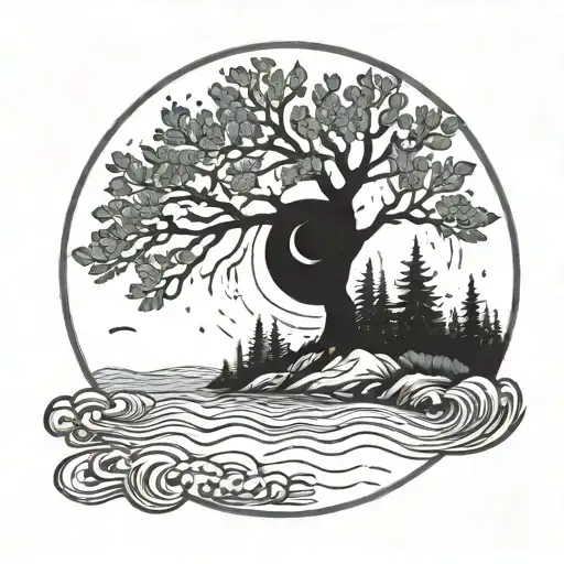 Moon With Trees Growing Around The Top And A River Running Beneath It