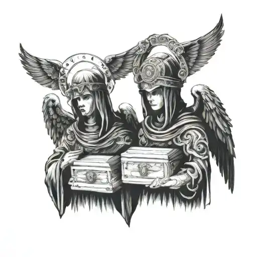 Two Dark Angels Made Of Robes With A Halo And An Occult Vibe Carrying A Coffin