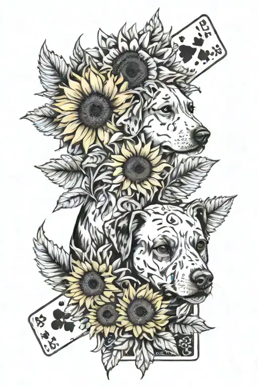 A Poker-themed Tattoo Incorporating Sunflowers And A Dog