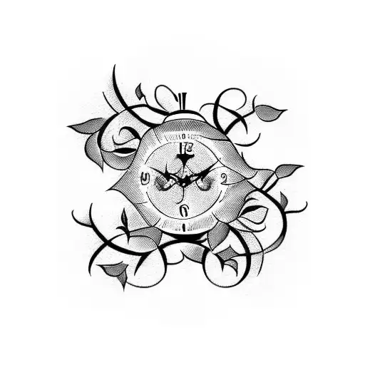A Tribal Clock With Rose Vines Wrapping Around It In Blackwork Style