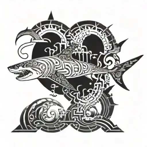 An Intricate Design Featuring A Shark Swimming Through A Maze Of Islands