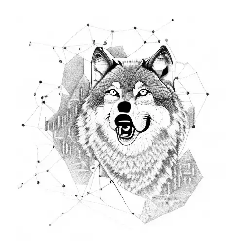 Wolf Howling At A Molecular Structure In Blackwork Style