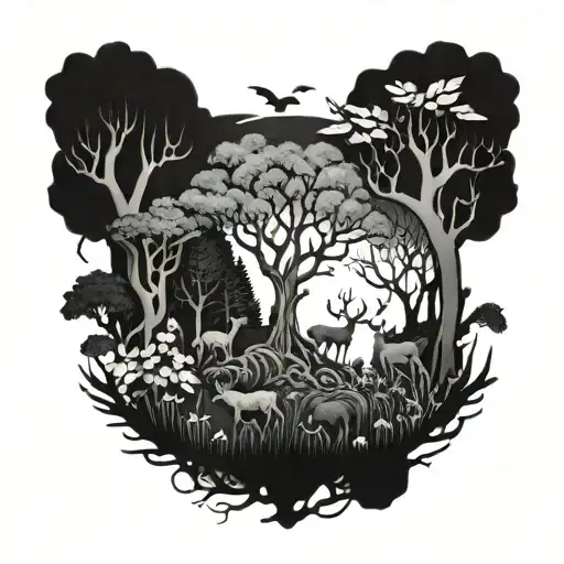 A Tattoo Of A Mysterious Forest Filled With Creatures From Different Mythologies