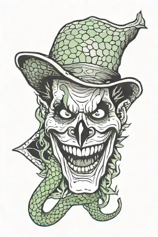 A Joker-themed Tattoo Incorporating A Green Tree Python As Part Of The Design