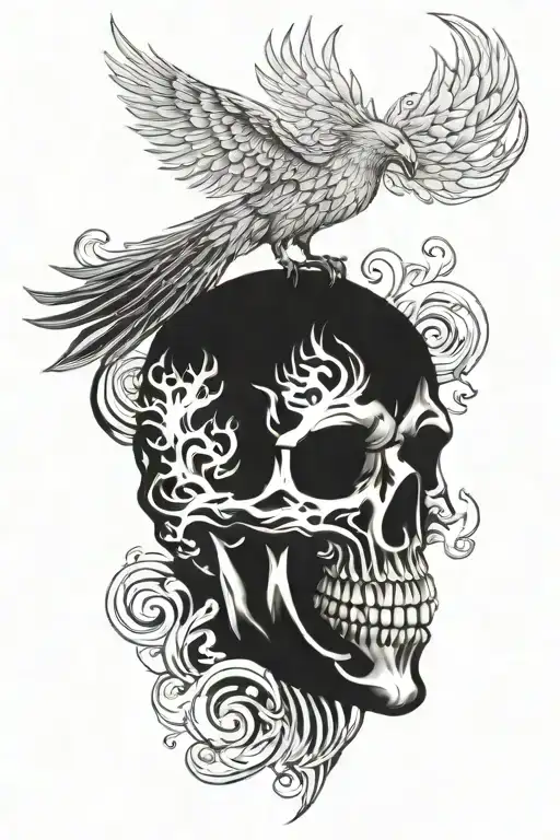 Skull Phoenix Tattoo Design Combining