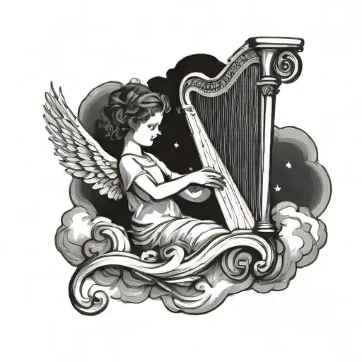 A Small Angel Playing A Harp On A Fluffy Cloud Background