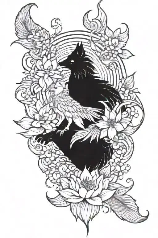 Phoenix Lotus Flower Surrounded Wolf Standing