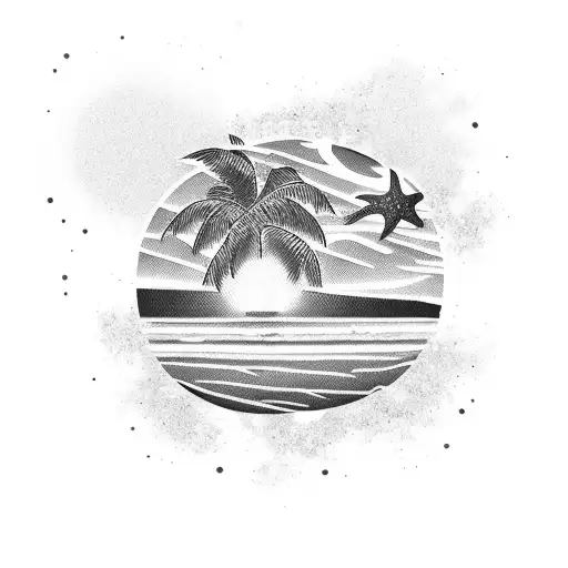 A Tattoo Of A Tropical Beach At Sunset With Shimmering Stars In The Sky
