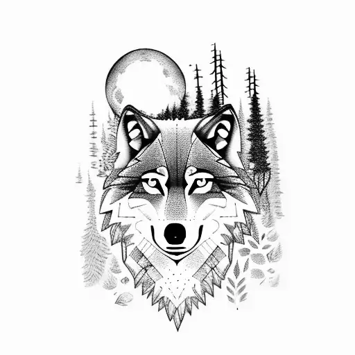 Wolf In A Forest With A Full Moon Florals Geometric Shapes