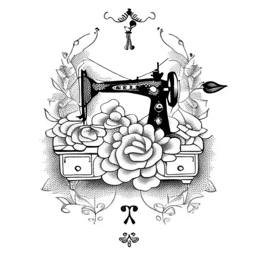 Incorporate A Vintage Sewing Machine Into A Floral Garden Scene