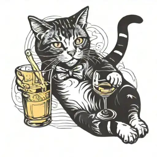 Silly Full Body Cat Laying Down Holding Glass Of Prosecco