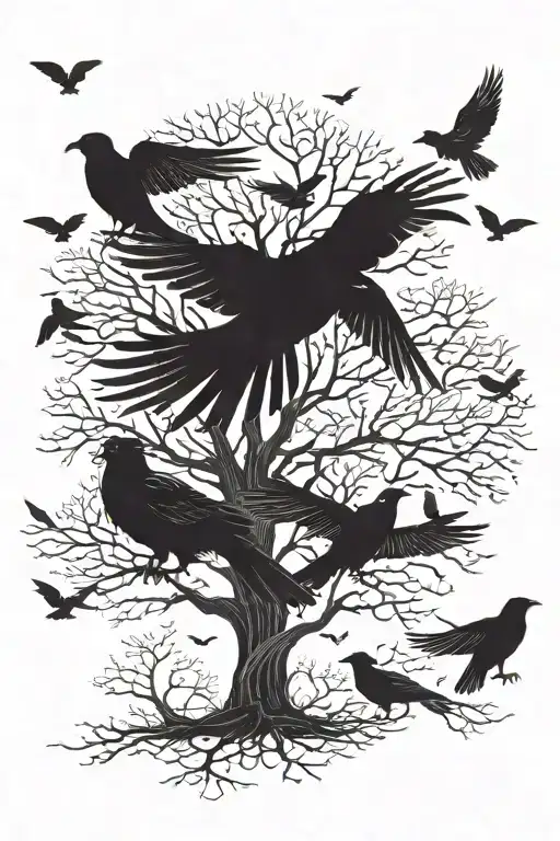 Flock Of Crows Flying To A Tree With Stray Dogs Under It