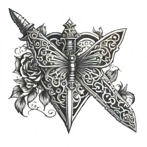 A Sword With A Heart In The Blade And A Butterly Combined