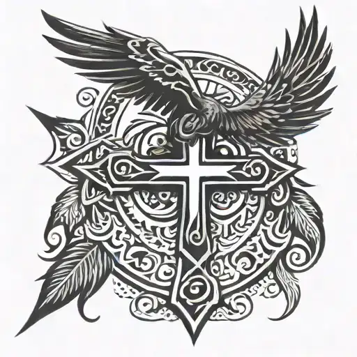 Tribal Cross With Black Crow Wings Chest Tattoo Design Featuring