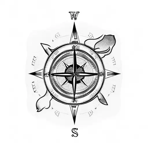 A Blackwork Tattoo Of A Compass Surrounded By Dog Paw Prints And A Wolf Silhouette