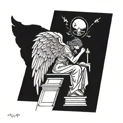 A Blackwork Design Of A Guardian Angel Watching Over A Student Studying