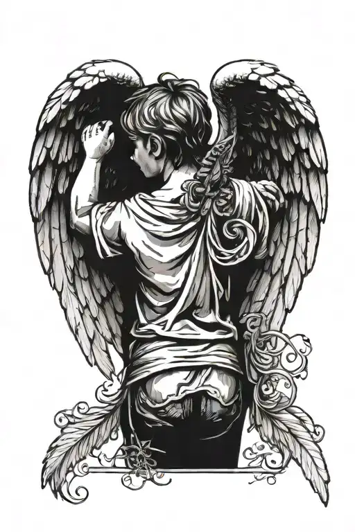 An Angel With Wing Holdig A Boys Hand From Back