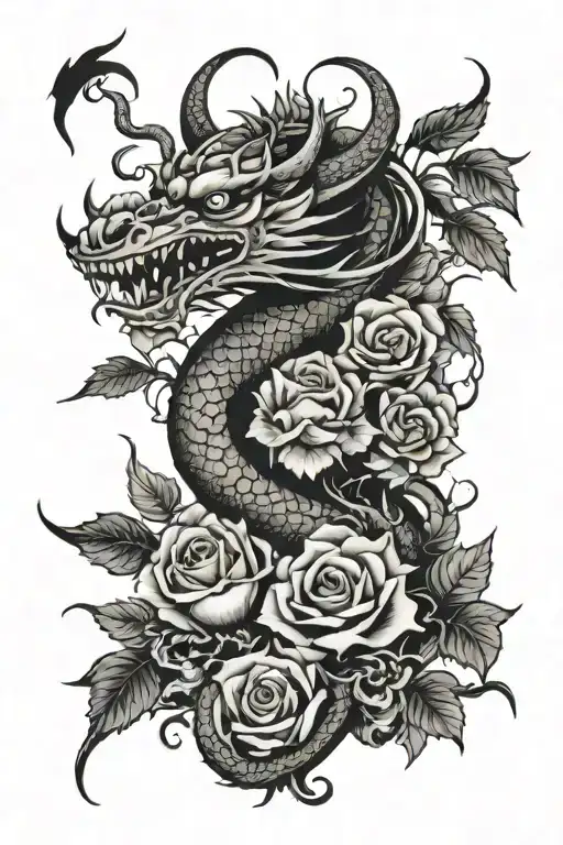 Chinese Dragon Leg Sleeve Featuring Thorny Roses And A Tengu Mask