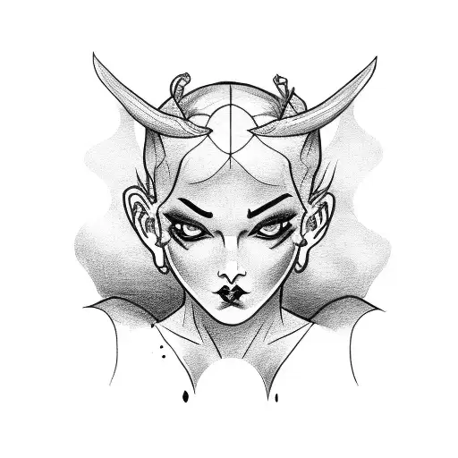 A Sketch-style Tattoo Of A Demon Girl Sketching A Statue