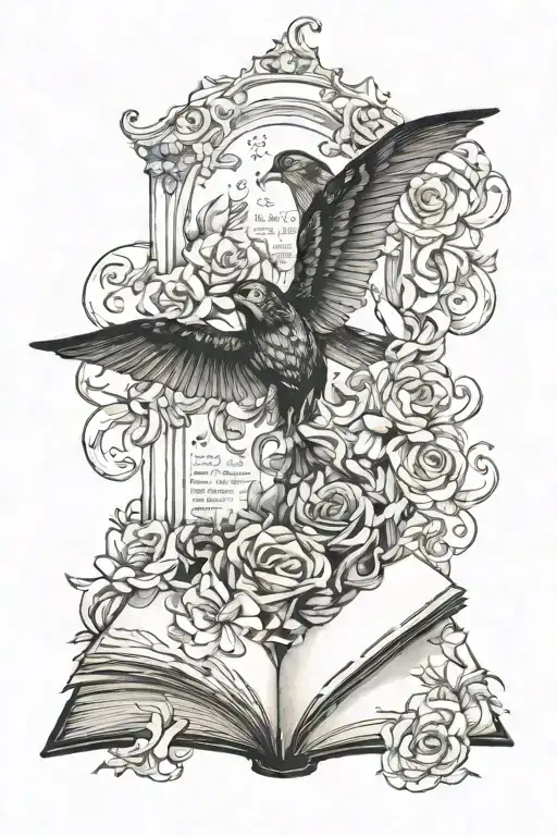 A Tattoo Design Featuring Taylor Swift Lyrics Intertwined With Intricate Book Illustrations