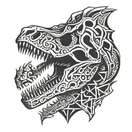 A Neotribal Design Featuring A Silhouette Of A T-rex Skull With Intricate Geometric Patterns