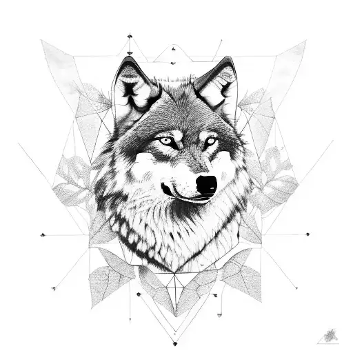 Wolf With Geometric Shapes And Leaves