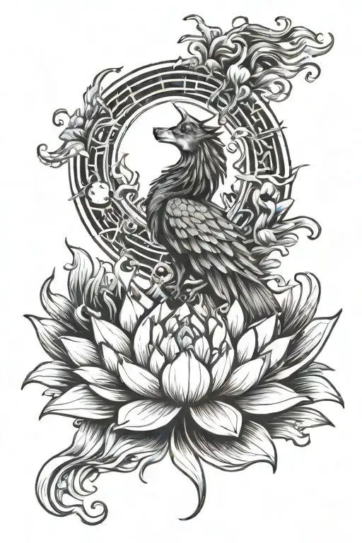 Phoenix Lotus Flower Surrounded Wolf Howling At The Moon