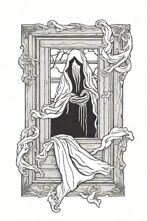 White Sheet Ghost Looking Out Of A Wooden Framed Window In A Dark Room
