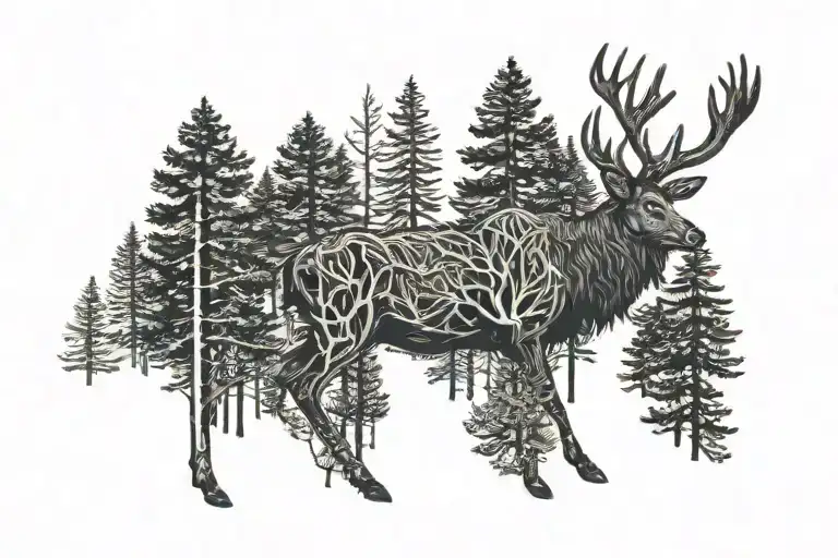 A Stag Walking Through A Dense Pine Forest