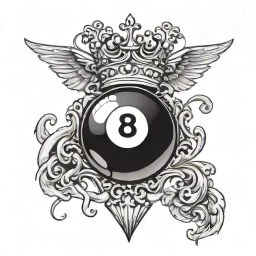 Billiard 8 Ball With A Golden Crown On Top And White Wings Around It