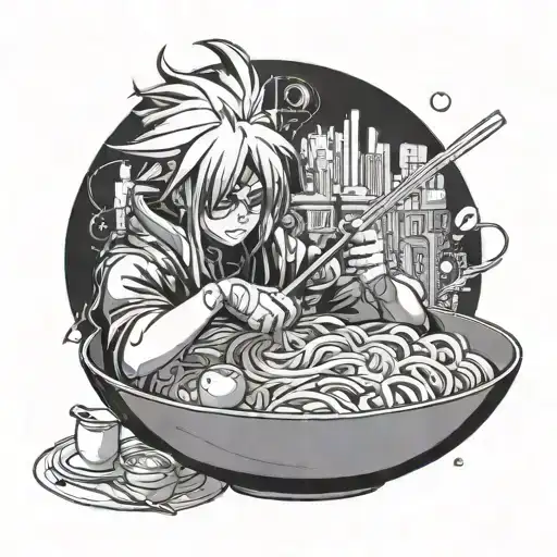A Futuristic Cyberpunk Anime Character Enjoying A Bowl Of Ramen Noodles