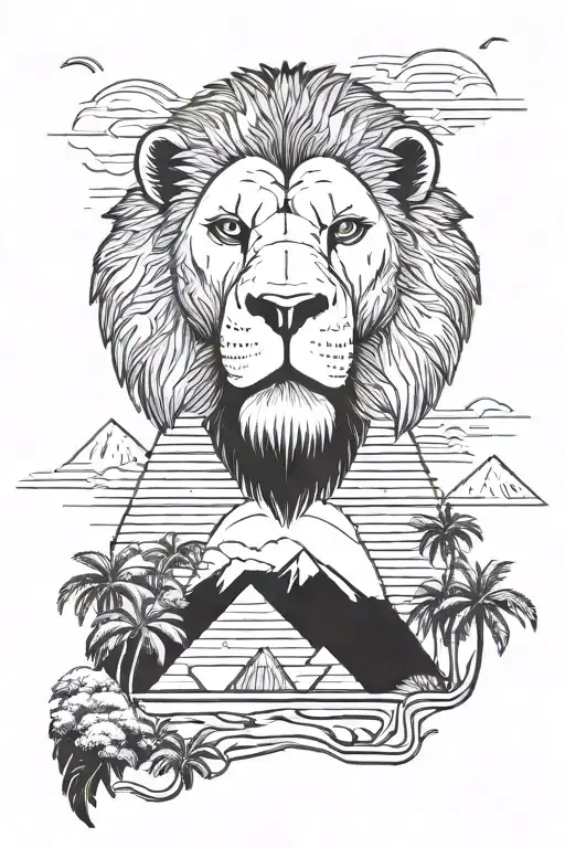 Create A Tattoo Featuring A Lion And A Gorilla In An African Landscape With A Pharaoh's Mask