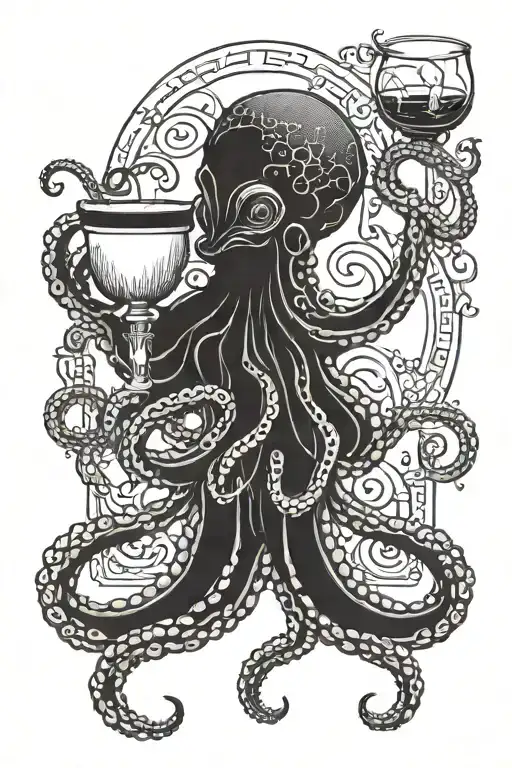 Blackwork Tattoo Of A Gothic Octopus With Tentacles Outstretched Holding A Small Cup Of Wine