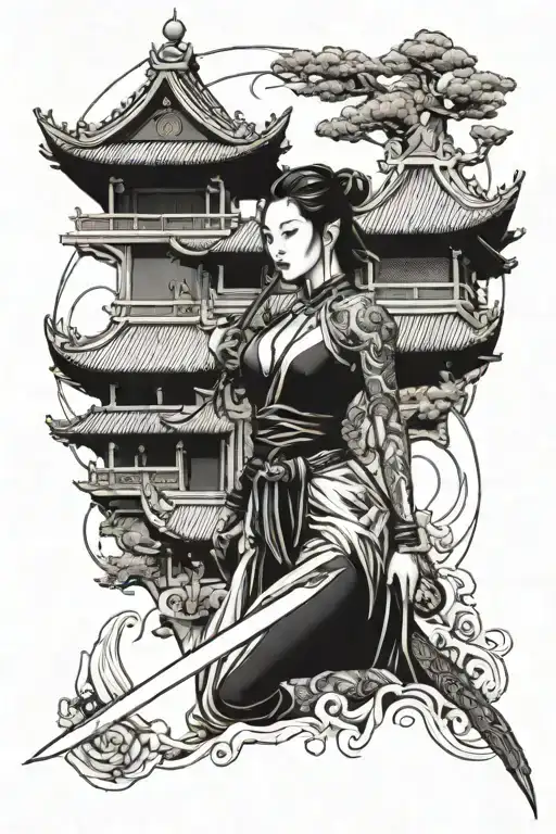 Woman With Sword And Chinese Temple In The Background