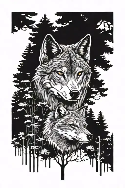 Wolf Face With Girl Facing Forward And Trees Bekiw