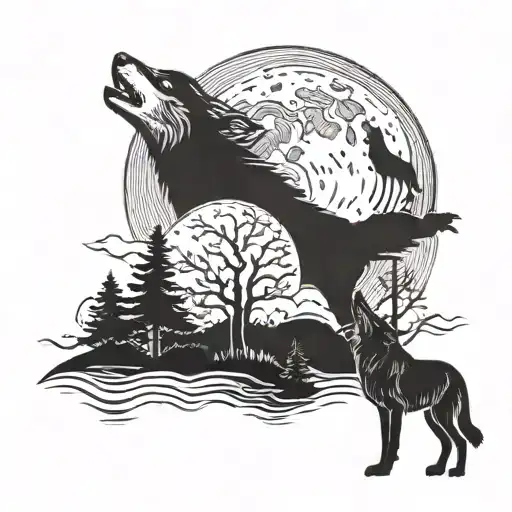 A Wolf Howling At The Moon With A Silhouette Of A Family In The Background