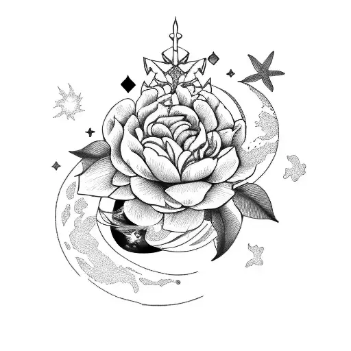 Moon With Pisces Zodiac Stars And Peony Flowers