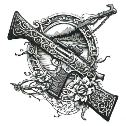 An Intricate Design Featuring A Rifle Intertwined With Fishing Hooks And Outdoor Scenery