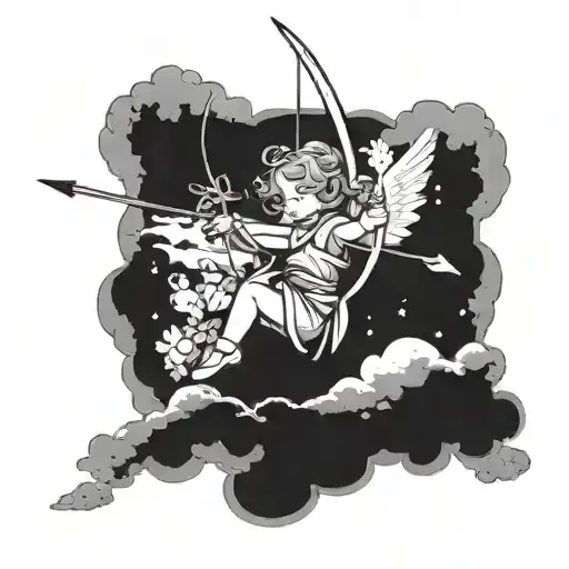 A Small Angel Holding Bow And Arrow On A Fluffy Cloud Background