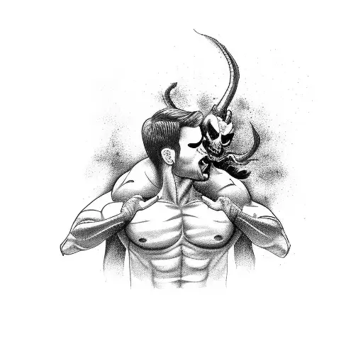 A Demon Embracing A Muscular Man In A Passionate Kiss