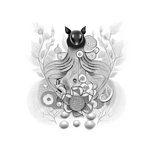 An Elegant Black And Grey Tattoo Depicting A Laboratory Scene With Animals And Flowers