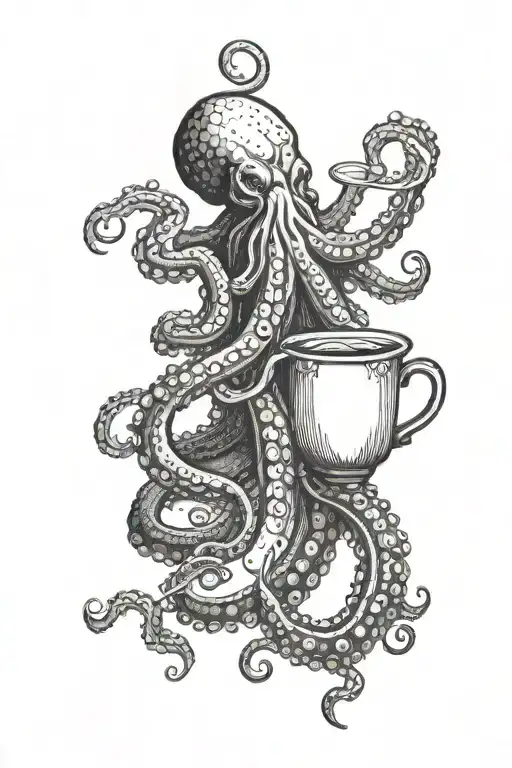 Blackwork Tattoo Of A Gothic Octopus With Tentacles Outstretched Holding A Cup Of Wine