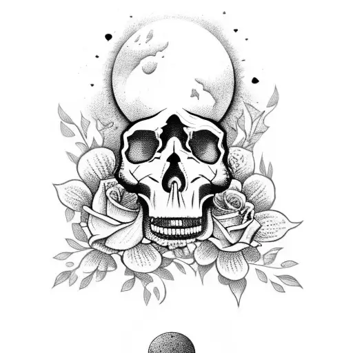 Flowers Wrapped Around A Moon With A Skull