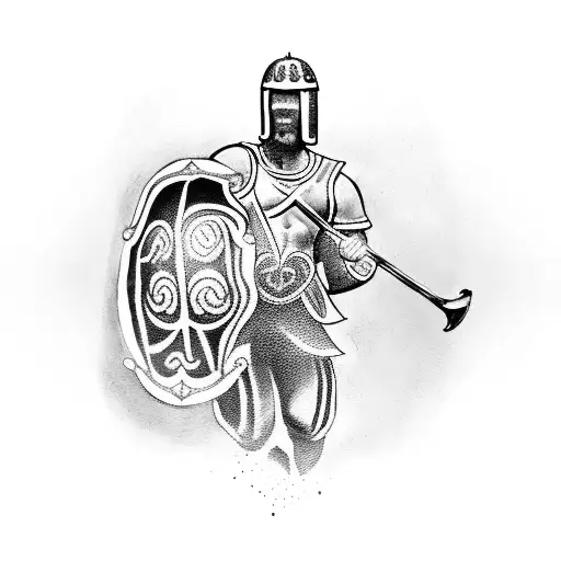 A Blackwork Tattoo Of A Waterpolo Player Wearing A Roman Gladiator Helmet