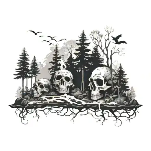 A Dark And Mysterious Forest Landscape With Hidden Skulls And Lace Details