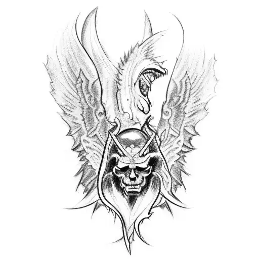 A Sketch-style Tattoo Of Two Muscular Men Entwined In An Embrace With Angel And Demon Wings
