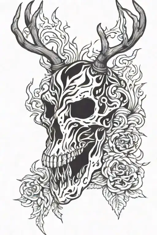 Skull Deer Head With Flames