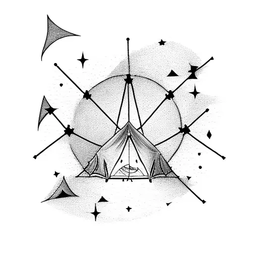 A Mystical Night Sky With Constellations Of Aries Intertwined With Camping Gear