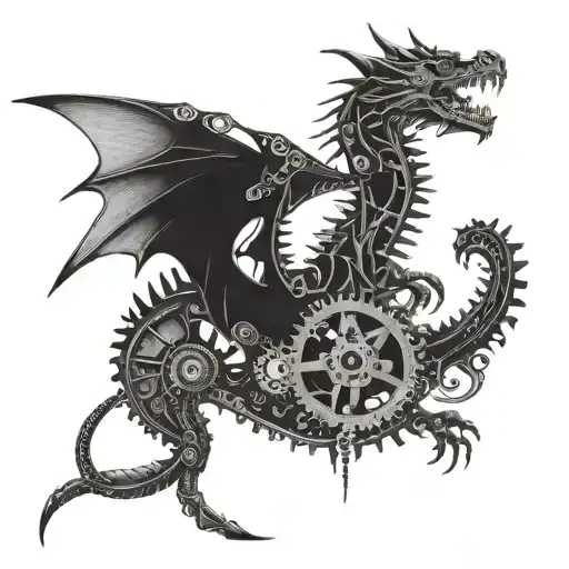 A Mechanical Dragon Tattoo Incorporating Elements Of Carpentry Tools And Machinery